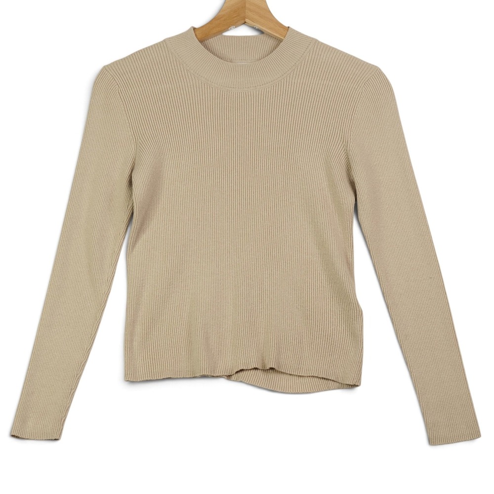 Zara Womens M Beige Ribbed Mock Neck Sweater Fitted Minimalist Capsule Knit Top